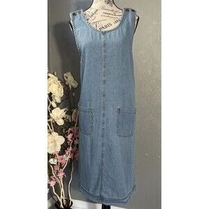 Serengeti Women’s Blue Denim Jean 100% Cotton Dress Sz L Sleeveless Jumper 90s